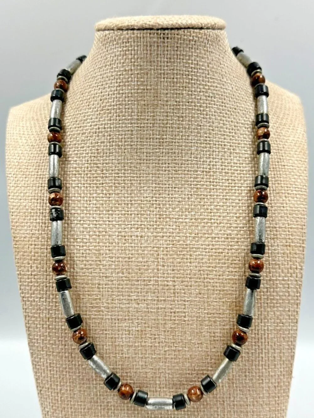 3/$30 Mens Necklace Silver Tone Tube Beads Black Brown Rustic Beaded 16 Inch